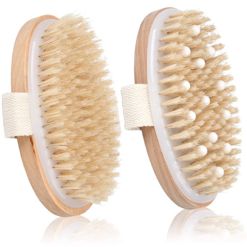 Bealihelp 2 Pack Dry Brushing Body Brush Natural Bristle Exfoliating Brush with Massage Nodes for Lymphatic Drainage and Improving Skin Health and Reduces Acne