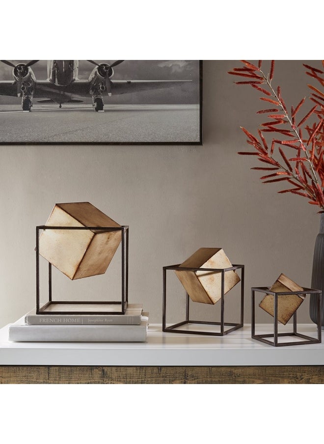 madison park - Quad Cube Home D Cor - 3 Piece Set Metal Accent Statue Modern Luxe Geomatric Art Sculpture Design Living Room Shelf Accessories Multi Size Black Gold - Image 1