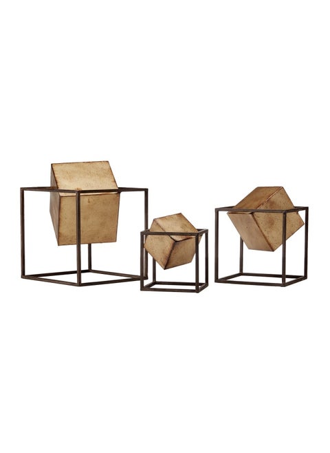 Quad Cube Home D Cor - 3 Piece Set Metal Accent Statue Modern Luxe Geomatric Art Sculpture Design Living Room Shelf Accessories Multi Size Black Gold