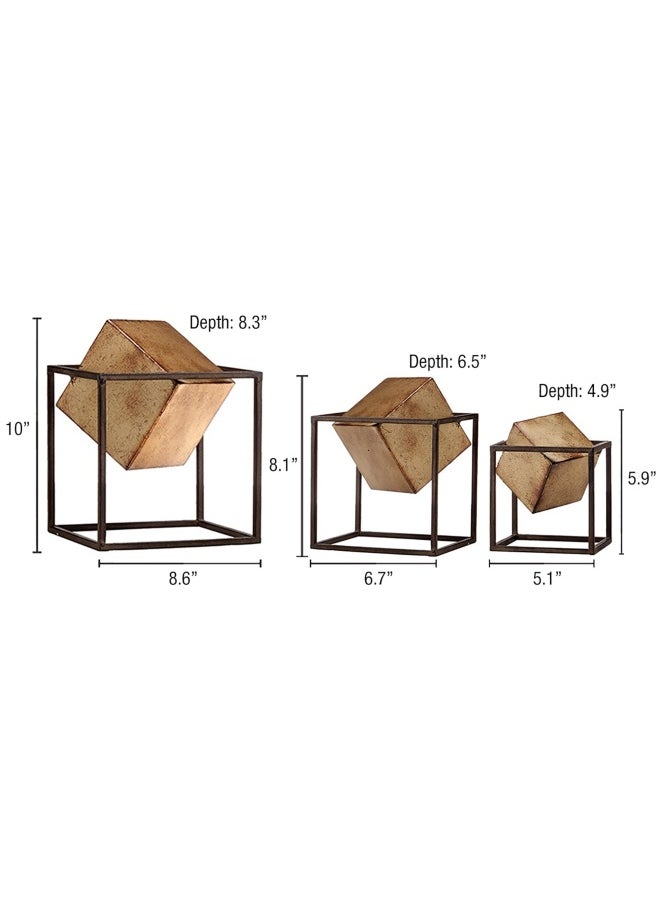 madison park - Quad Cube Home D Cor - 3 Piece Set Metal Accent Statue Modern Luxe Geomatric Art Sculpture Design Living Room Shelf Accessories Multi Size Black Gold - Image 1