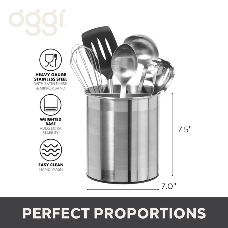 Oggi Jumbo Stainless Steel Rotating Utensil Holder with Removable Divider - Stylish kitchen cooking utensil organizer. Height 7.5"". - Image 5