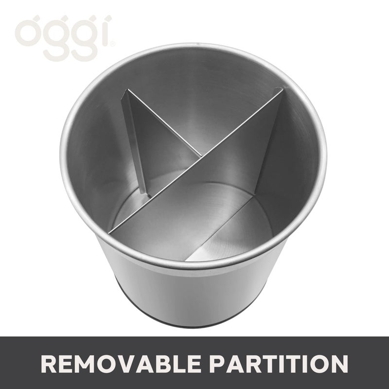 Oggi Jumbo Stainless Steel Rotating Utensil Holder with Removable Divider - Stylish kitchen cooking utensil organizer. Height 7.5"". - Image 2