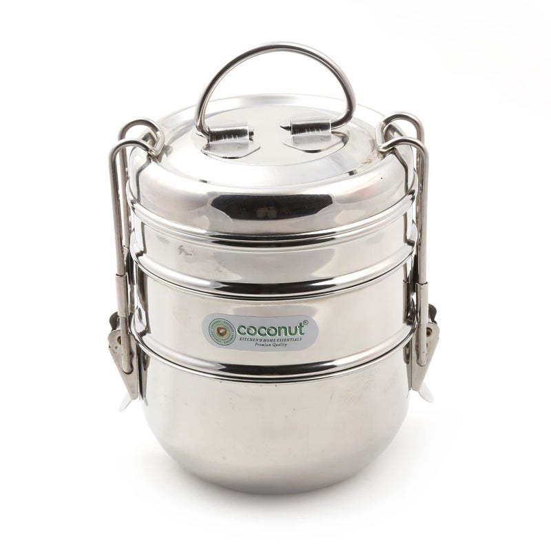 coconut Food Clip Carrier Stainless Steel 3-Tier Compartment Tiffin Box - 1 Unit (Size 6 x 3) - Image 4