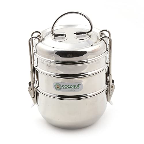 coconut Food Clip Carrier Stainless Steel 3-Tier Compartment Tiffin Box - 1 Unit (Size 6 x 3) - Image 1