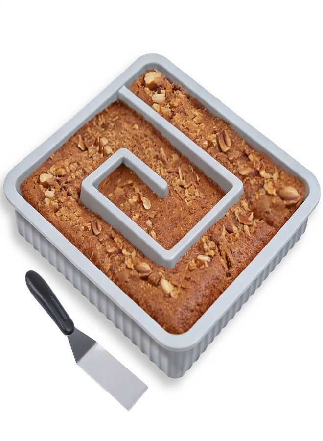KOLUTI Nonstick Silicone Brownie Baking Pan, 12.8 x 12.8 x 1.6 Inch Square Cake Tray Bakeware Mold with Wide Grips, Perfect for Mini Loaf Dividing, Spatula Included - Image 1