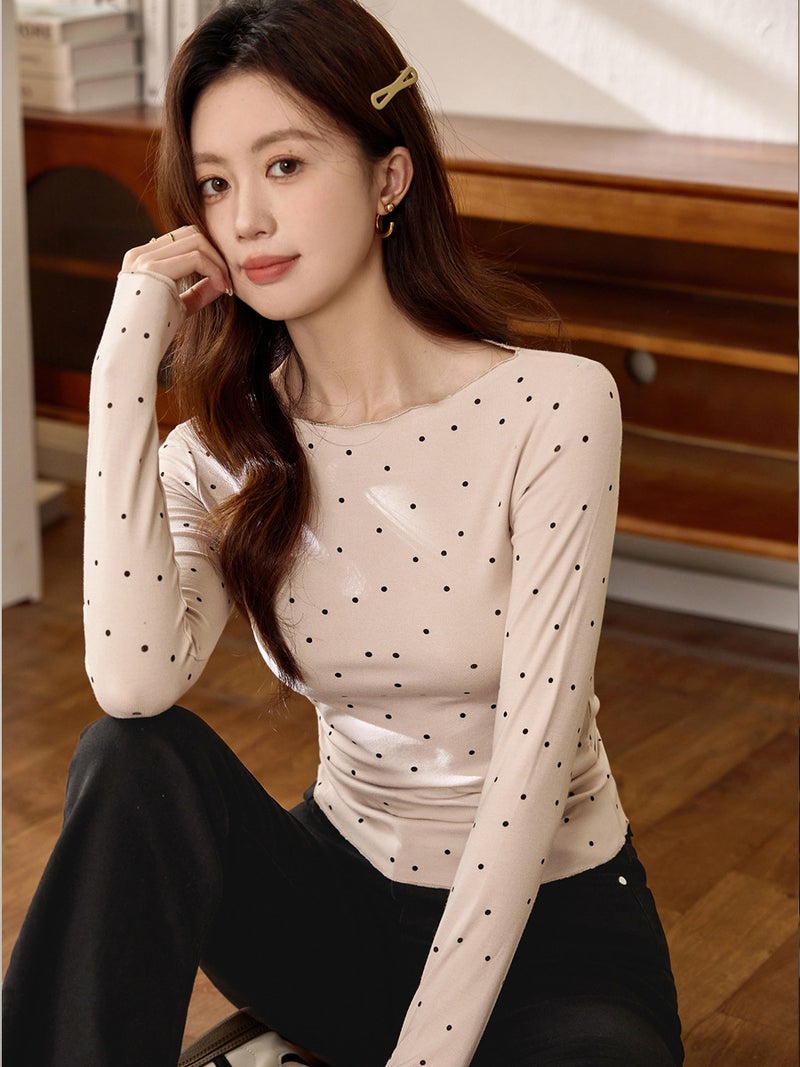 # Select High-Quality Products # Micro-Curled Age-Reducing Polka-Dot T-Shirt Women'S Long-Sleeved 2025 Autum New Retro Bottoming Shirt Top - Image 4