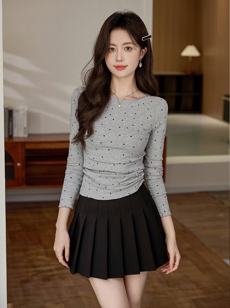 # Select High-Quality Products # Micro-Curled Age-Reducing Polka-Dot T-Shirt Women'S Long-Sleeved 2025 Autum New Retro Bottoming Shirt Top - Image 2