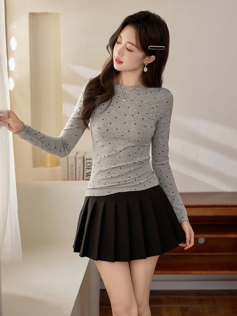 # Select High-Quality Products # Micro-Curled Age-Reducing Polka-Dot T-Shirt Women'S Long-Sleeved 2025 Autum New Retro Bottoming Shirt Top - Image 3