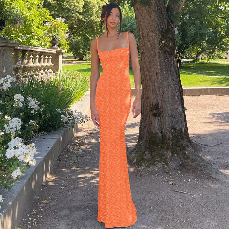 KMBANGI Women Cutout Backless Maxi Dress Sexy Sleeveless Floral Cocktail Dresses Bodycon Spaghetti Strap Long Dress Party(Orange,S) - Image 3