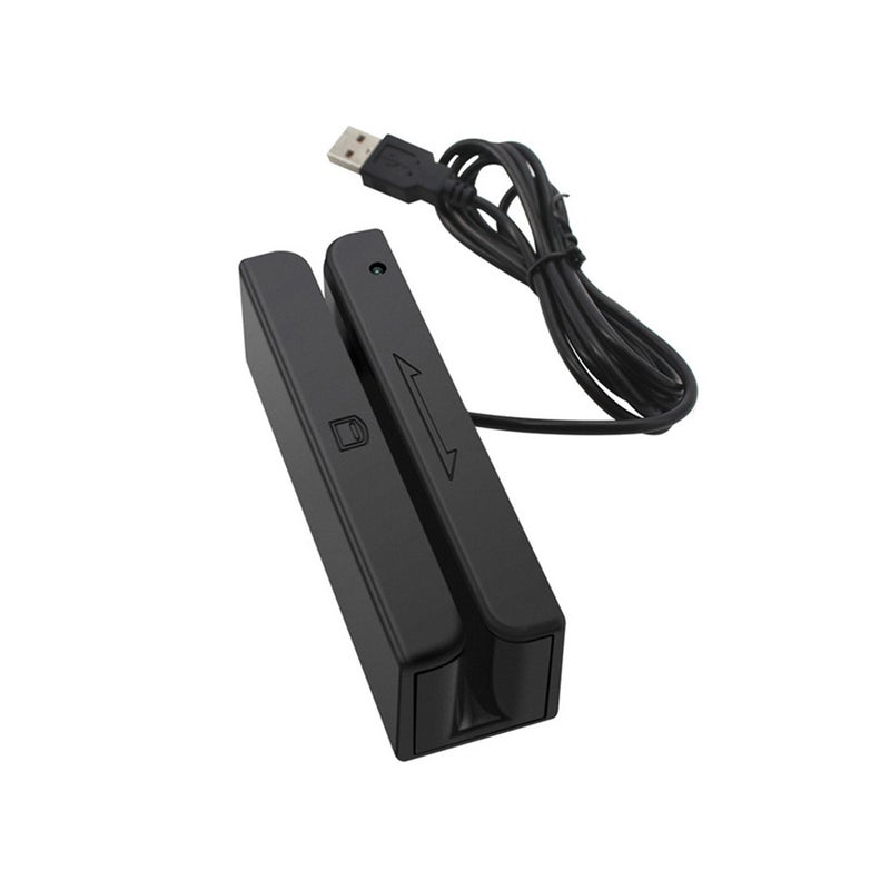 قارئ بطاقات الشريط المغناطيسي ثلاث المسارات USB: أسود، قابل للربط والاستخدام مباشرة - قارئ ومكتبة بطاقات قابل للقراءة ثنائي الاتجاه لأنظمة نقاط البيع في البنوك، وإدارة الأعضاء، والمصادقة الهوية - Image 1