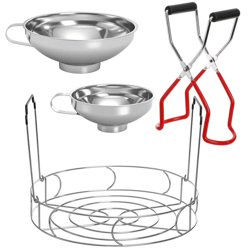 Cedilis 4 Pieces Canning Kit, 1PC Canning Rack+ 1PC Jar Lifter Tong+ 2PC Funnels, Stainless Steel Canning Supplies for Mason Jars - Image 1