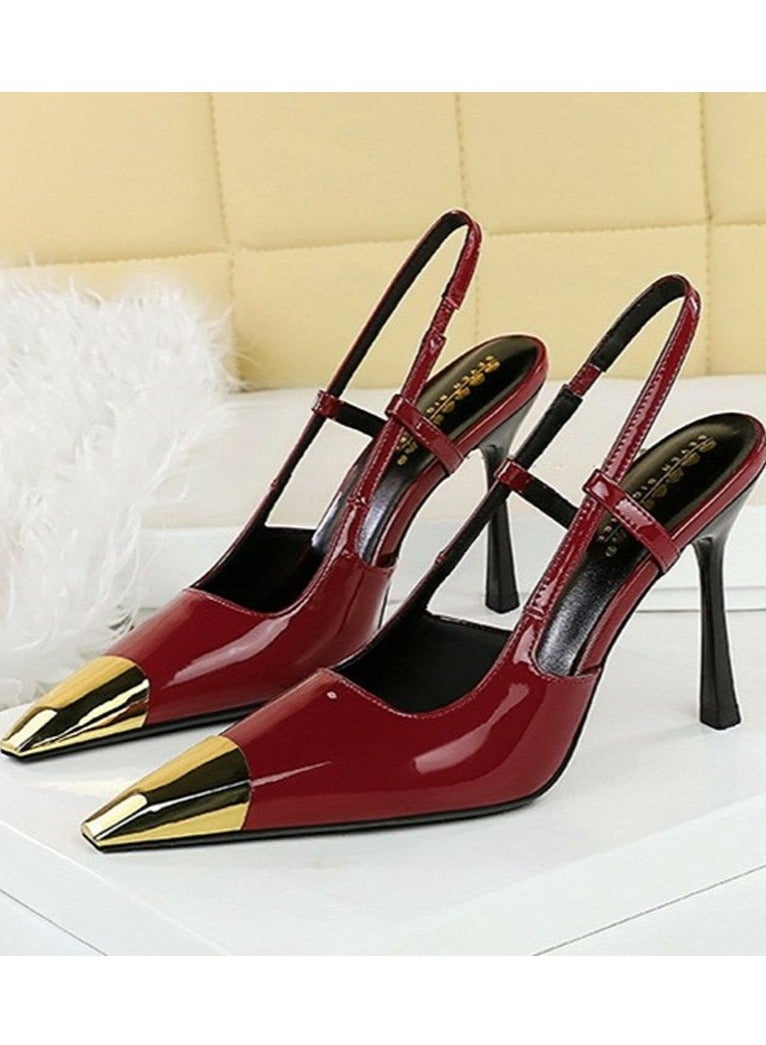 BIGTREE Women's Metal Closed Pointed Toe Stiletto Pump High Heels Wine Red 9.5 CM - Image 1