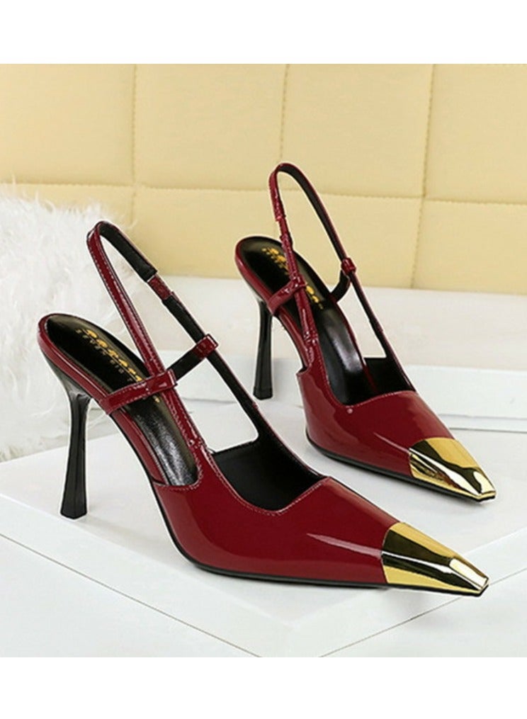 BIGTREE Women's Metal Closed Pointed Toe Stiletto Pump High Heels Wine Red 9.5 CM - Image 2