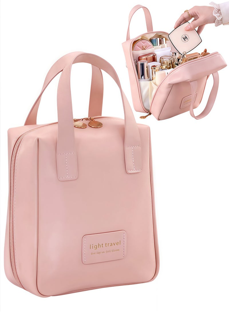 Cosmetic Bags Travel Make Up Bag Toiletry Bag for Women Makeup Bag With Hanging Hook Waterproof Large Capacity Storage Box Portable Cortex Wash Bag Stand Up Travel Organizer Case Pink - Image 1