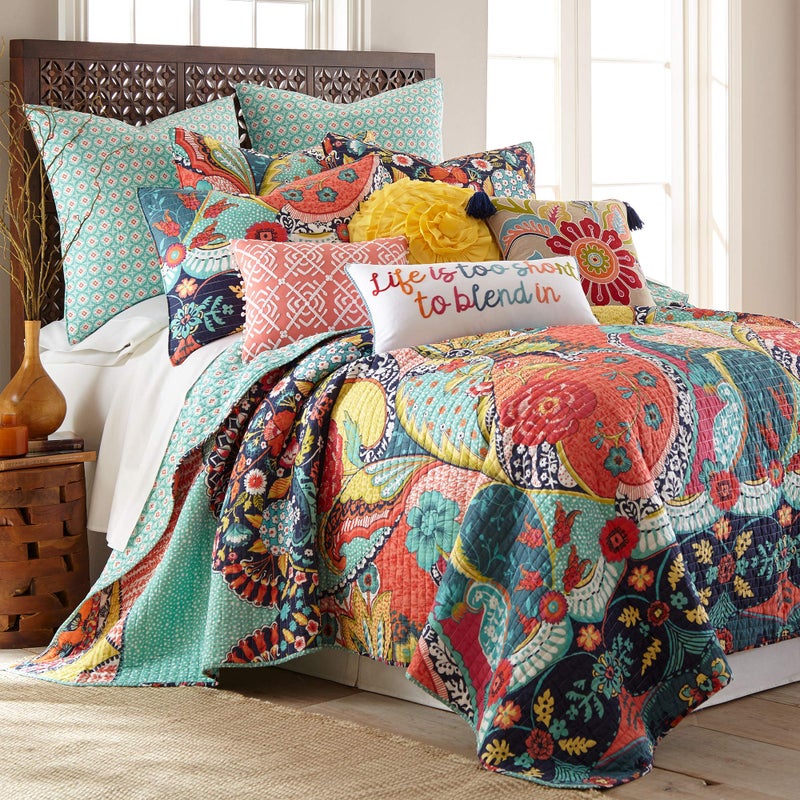 Levtex Home  Jules Quilt Set  FullQueen Quilt 88x92in  Two Standard Pillow Shams 26x20in  Bohemian  Teal Orange Yellow Green Blue Red Navy  Reversible  Cotton Fabric