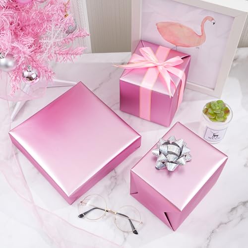 ZINTBIAL Metallic Pink Wrapping Paper Roll with Cut Lines Solid Pink Holiday Gift Wrap for Valentines Day Birthdays Baby Shower Wedding Christmas 175 in x 33 ft 48 sq ft Easy to Cut - Image 3