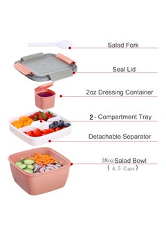 Arabest Portable Salad Lunch Box, 38oz Salad Bowl, 2 Compartments with Dressing Cups, Pink  - Image 2