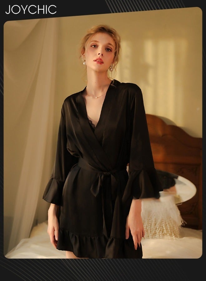Joychic فستان نوم ساتان نسائي رومانسي فرنسي بتصميم دقيق مع كشكش وأكمام بيجامة نسائية تنفسية كاردigan ساحر ملابس نوم سوداء - Image 1