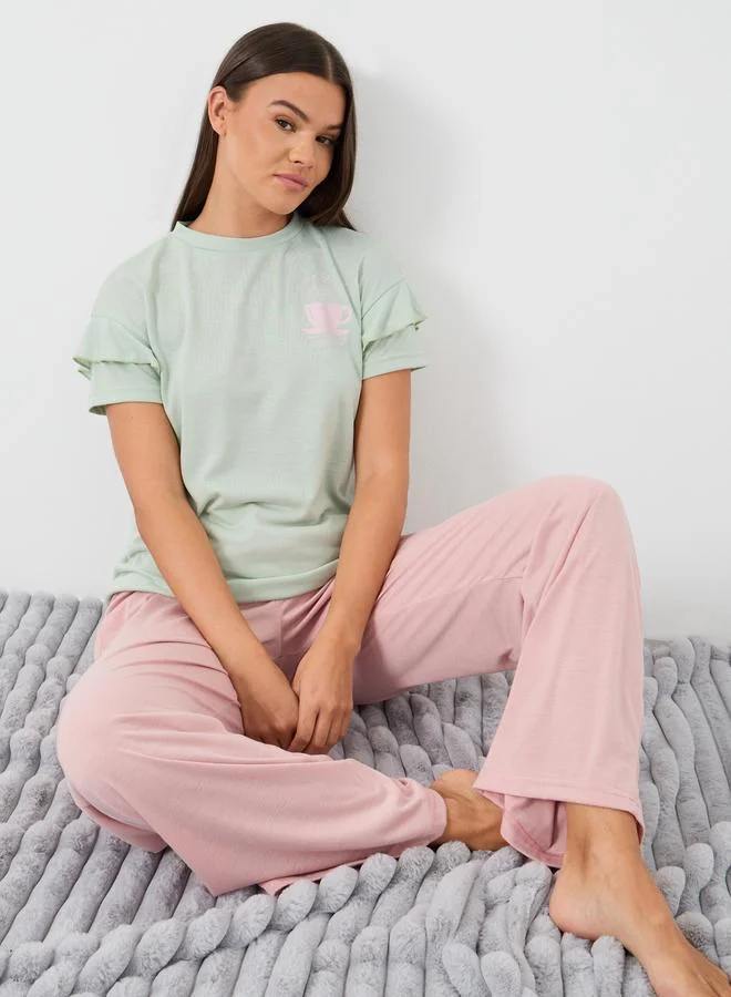 ستايلي Styli Graphic Print Round Neck T-Shirt and Pyjama Set