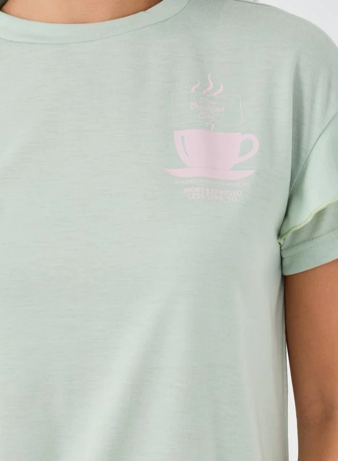 ستايلي Styli Graphic Print Round Neck T-Shirt and Pyjama Set