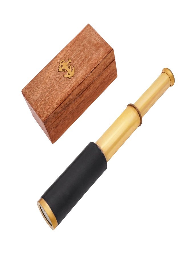 Mythrojan Brass Handheld Telescope 9" Mini Leather Brass Spyglass with Wooden Box - Pirate Telescope, Spyglass Collapsible Monocular Decorative Telescope Perfect for Gift - Image 1