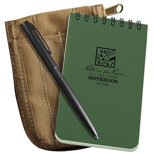 Rite in the Rain Weatherproof 3" x 5" Top Spiral Notebook Kit: Tan CORDURA Fabric Cover, 3" x 5" Green Notebook, and an Weatherproof Pen (No. 935-KITL) - Image 1