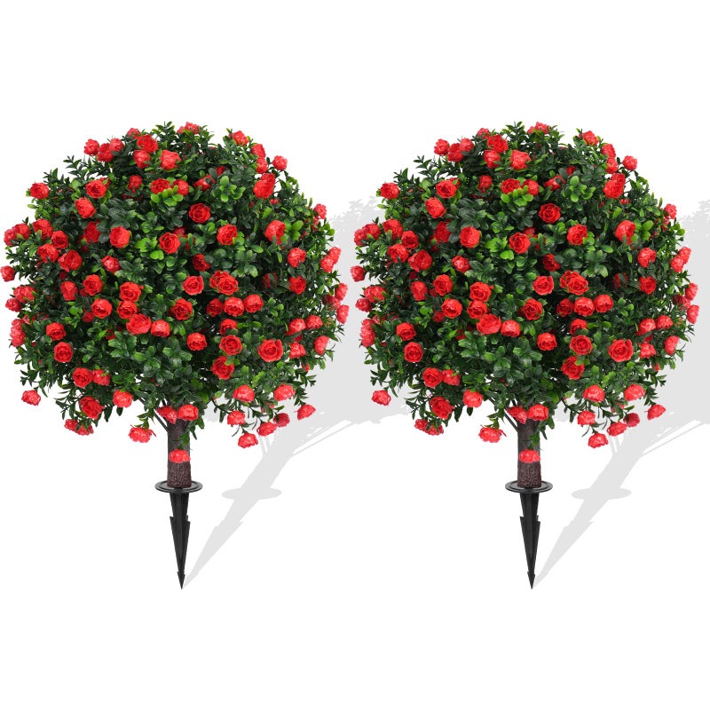 Artificial Rose Topiary Ball Trees with Ground Spike 2 Pack 16 Inches UV Resistant Artificial Shrubs Fake Evergreen Artificial Plant Brush for Indoor Outdoor Front Porch Garden