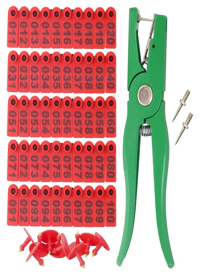 APlayfulBee Sheep Ear Tag 001-100 Number Plastic Livestock Tags Goat with Punch Applicator Plier Tools and 2Pcs Ear Tag Pins (Red, 001-100) - Image 1