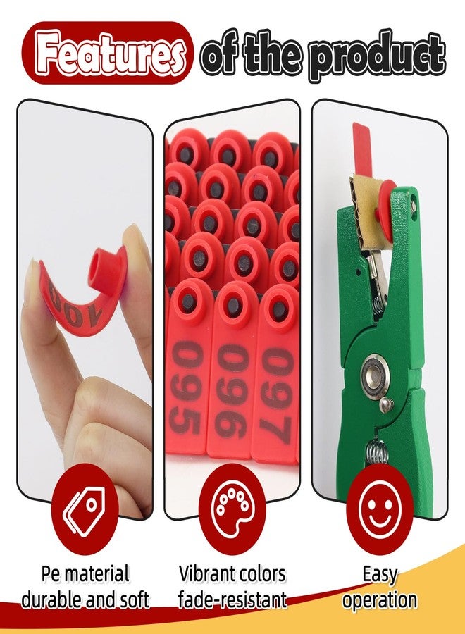 APlayfulBee Sheep Ear Tag 001-100 Number Plastic Livestock Tags Goat with Punch Applicator Plier Tools and 2Pcs Ear Tag Pins (Red, 001-100) - Image 3