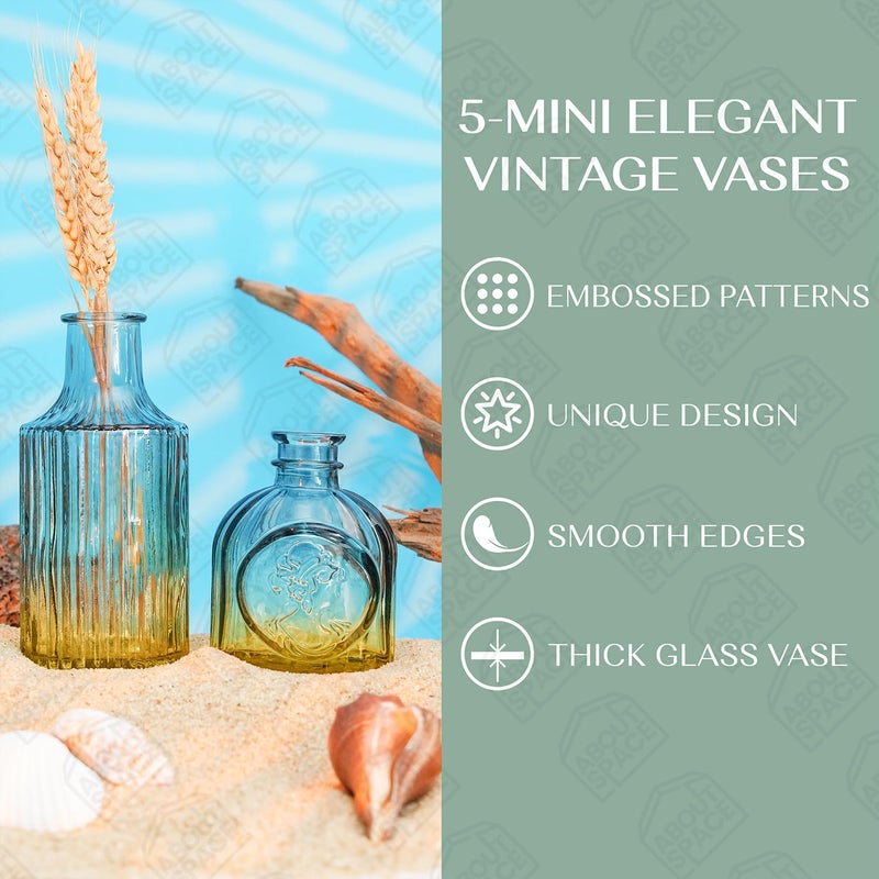 ABOUT SPACE Glass Bud Flower Vase Pack of 5 Glass Centrepiece Mini Flower Vase Antique Collection for Wedding Decoration Sturdy Textured Drop Shaped Table Top Decor for Home Restaurants Gradient - Image 4