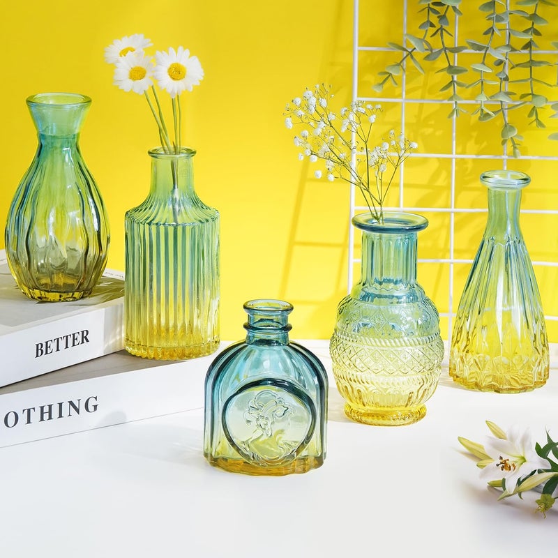ABOUT SPACE Glass Bud Flower Vase Pack of 5 Glass Centrepiece Mini Flower Vase Antique Collection for Wedding Decoration Sturdy Textured Drop Shaped Table Top Decor for Home Restaurants Gradient - Image 1
