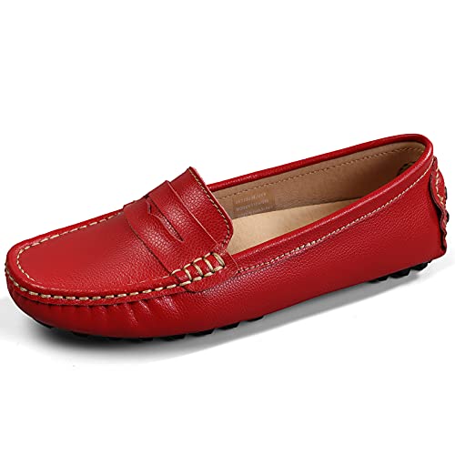 Artisure Women's Classic Handsewn Red Genuine Leather Penny Loafers Driving Moccasins Casual Boat Shoes Slip On Fashion Office Comfort Flats 8.5 M US SKS-1221HON085 - Image 2