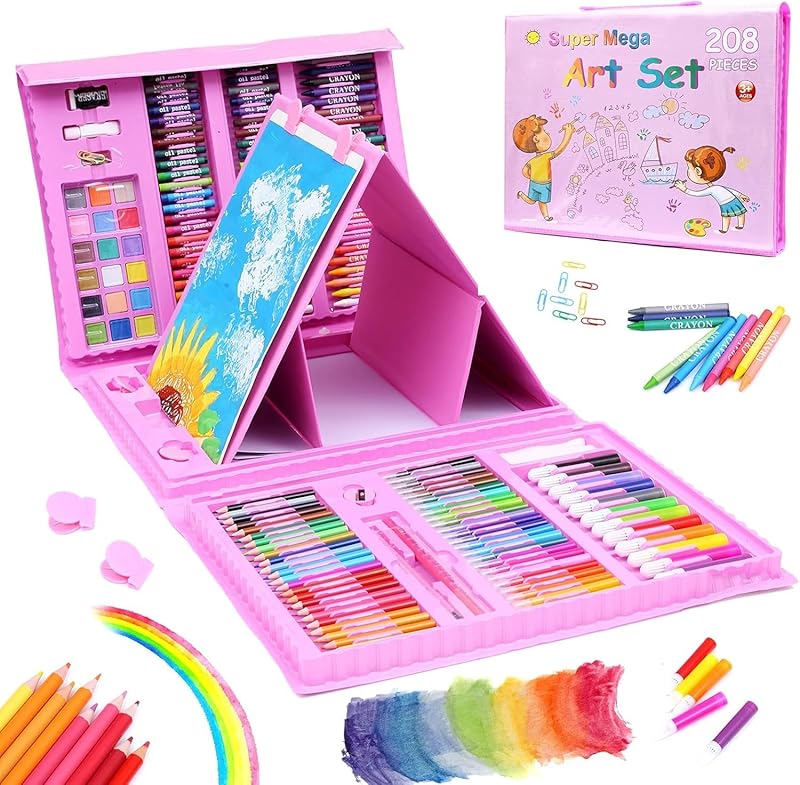 first choices 208 Pcs Art Supplies Drawing Kits for Kids with Oil Pastels, Crayons, Paint Brush, Watercolor Cakes, Portable Coloring Tools and Creative Gift Box Pink