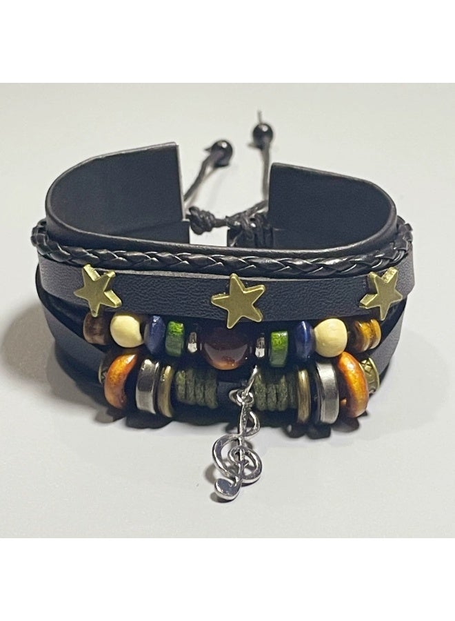 Goolsky Beaded Braided Vintage Alloy Music Note Leather Bracelet Multi-Layer Adjustable Retro Unisex Wristband - Image 2