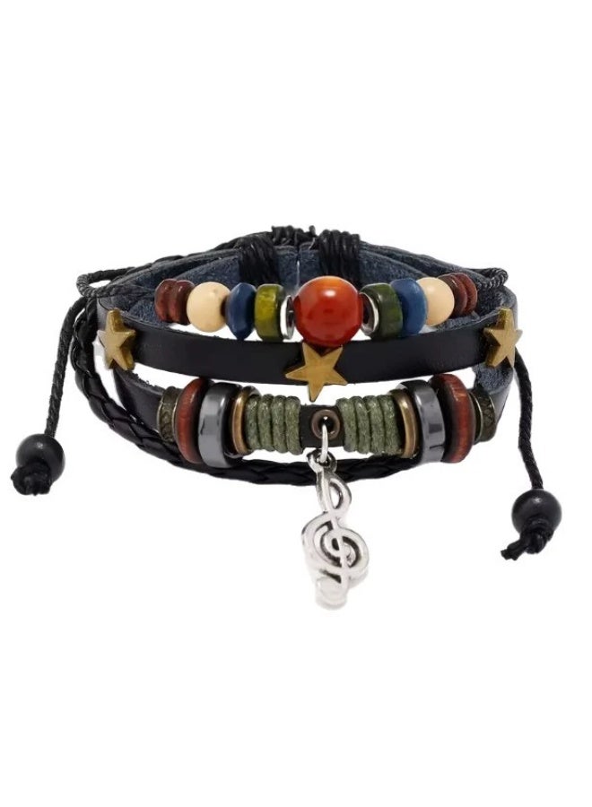 Goolsky Beaded Braided Vintage Alloy Music Note Leather Bracelet Multi-Layer Adjustable Retro Unisex Wristband - Image 1