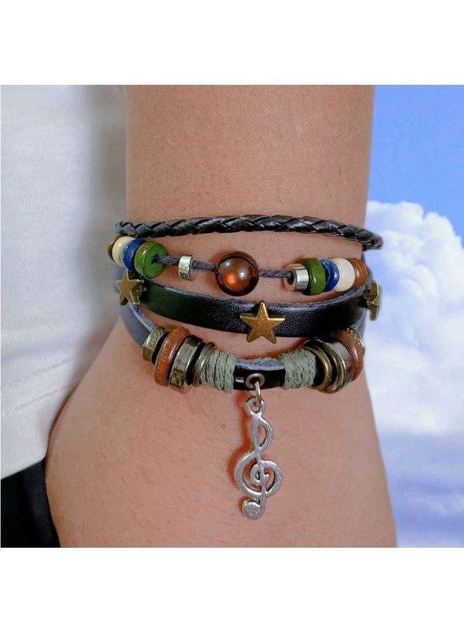 Goolsky Beaded Braided Vintage Alloy Music Note Leather Bracelet Multi-Layer Adjustable Retro Unisex Wristband - Image 3