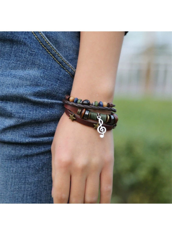 Goolsky Beaded Braided Vintage Alloy Music Note Leather Bracelet Multi-Layer Adjustable Retro Unisex Wristband - Image 5