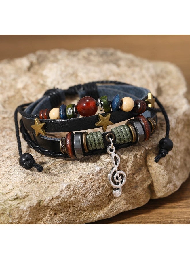 Goolsky Beaded Braided Vintage Alloy Music Note Leather Bracelet Multi-Layer Adjustable Retro Unisex Wristband - Image 4