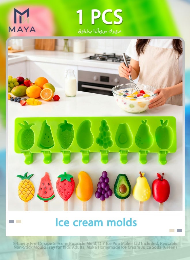 Maya 8-Cavity Fruit Shape Silicone Popsicle Mold, DIY Ice Pop Maker Lid Included, Reusable Non-Stick Mould Tray for Kids Adults, Make Homemade Ice Cream Juice Soda (Green) - Image 1
