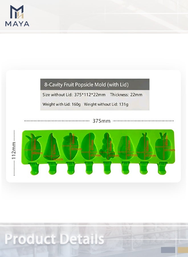 Maya 8-Cavity Fruit Shape Silicone Popsicle Mold, DIY Ice Pop Maker Lid Included, Reusable Non-Stick Mould Tray for Kids Adults, Make Homemade Ice Cream Juice Soda (Green) - Image 5