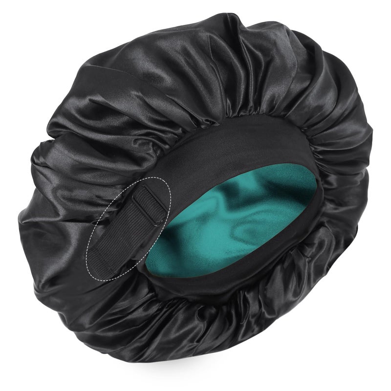 Silk Bonnet for Sleeping Double Layer Satin Bonnet Adjustable Bonnets for Black Women Sleep Cap Reversible Hair Bonnet for Curly Hair Black and Teal