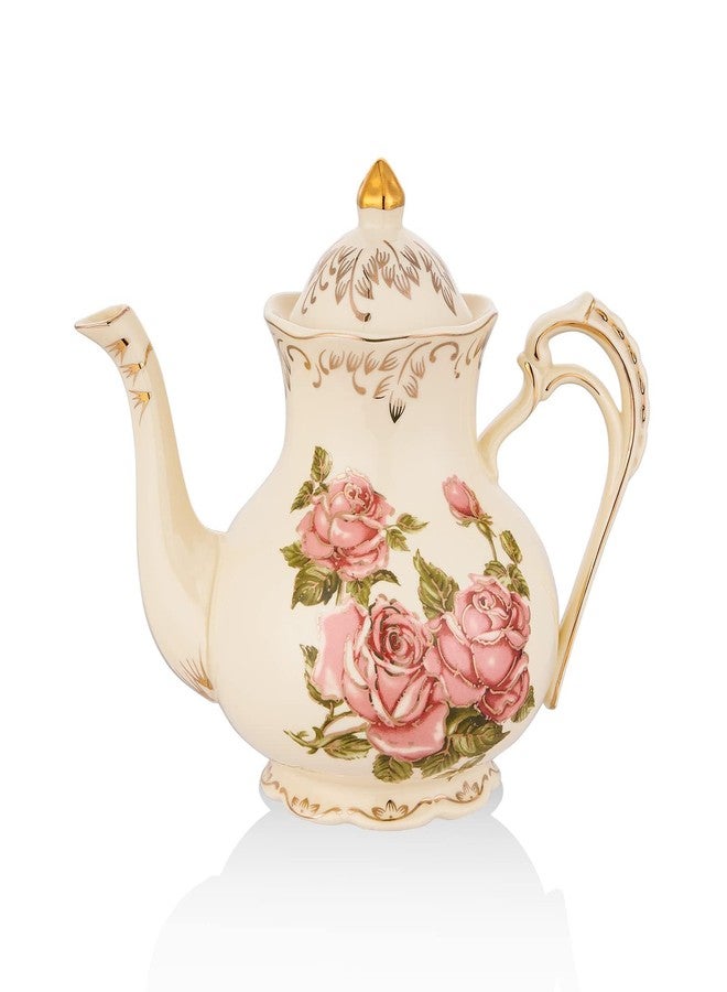 CHILDIKE Ceramic Tea Pot, 35 OZ/4 Cup Ivory Rose Vintage Floral Porcelain Teapot with Gold Trim, European Style, Gift for Women, Decorative Ideas (Pink Rose) - Image 1
