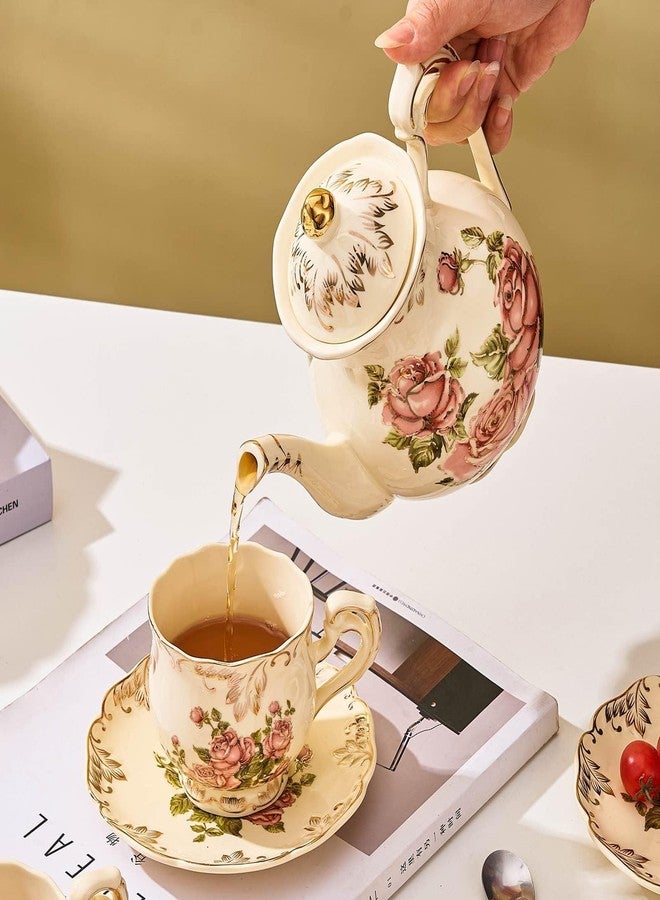 CHILDIKE Ceramic Tea Pot, 35 OZ/4 Cup Ivory Rose Vintage Floral Porcelain Teapot with Gold Trim, European Style, Gift for Women, Decorative Ideas (Pink Rose) - Image 2