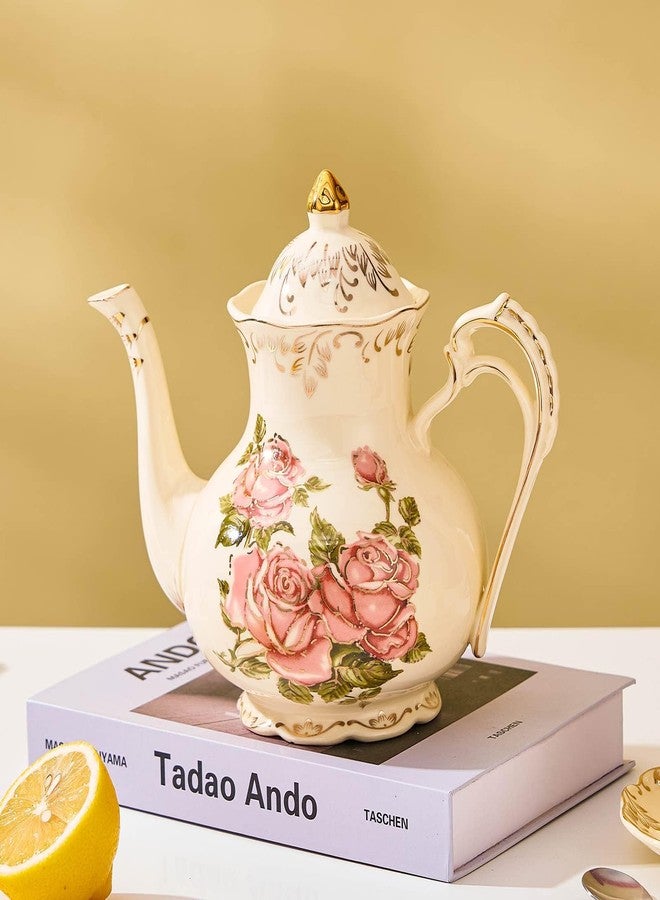 CHILDIKE Ceramic Tea Pot, 35 OZ/4 Cup Ivory Rose Vintage Floral Porcelain Teapot with Gold Trim, European Style, Gift for Women, Decorative Ideas (Pink Rose) - Image 5