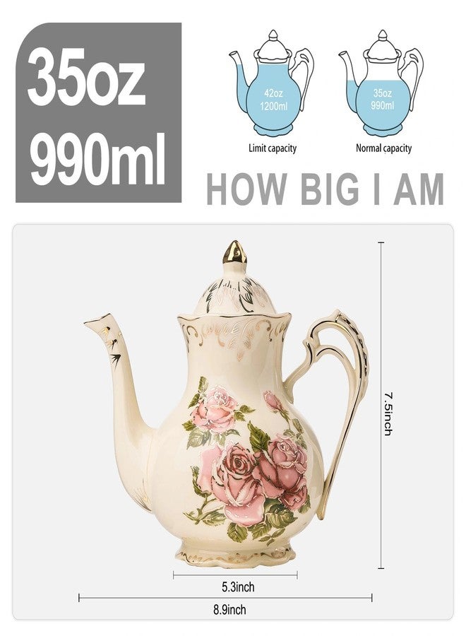 CHILDIKE Ceramic Tea Pot, 35 OZ/4 Cup Ivory Rose Vintage Floral Porcelain Teapot with Gold Trim, European Style, Gift for Women, Decorative Ideas (Pink Rose) - Image 3