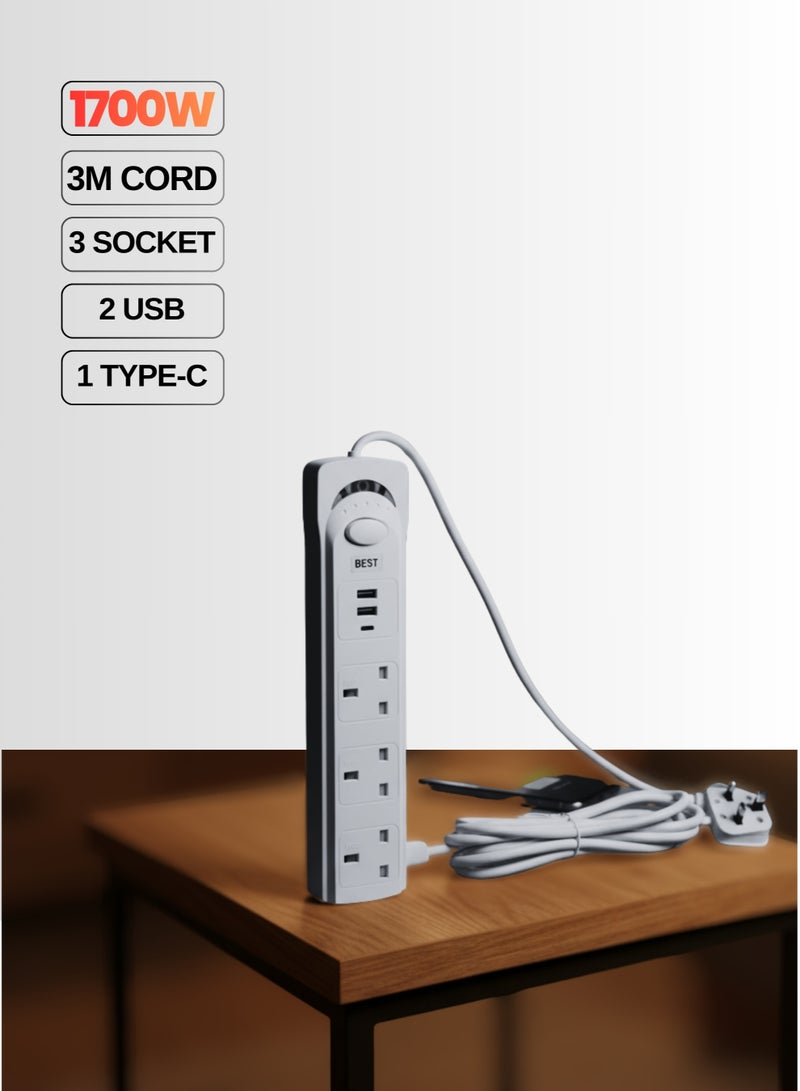 بست سلك تمديد مع حماية من زيادة التيار، 3 منافذ + منافذ شحن USB وType-C، 1700 واط، طول 3 أمتار - أبيض - Image 1