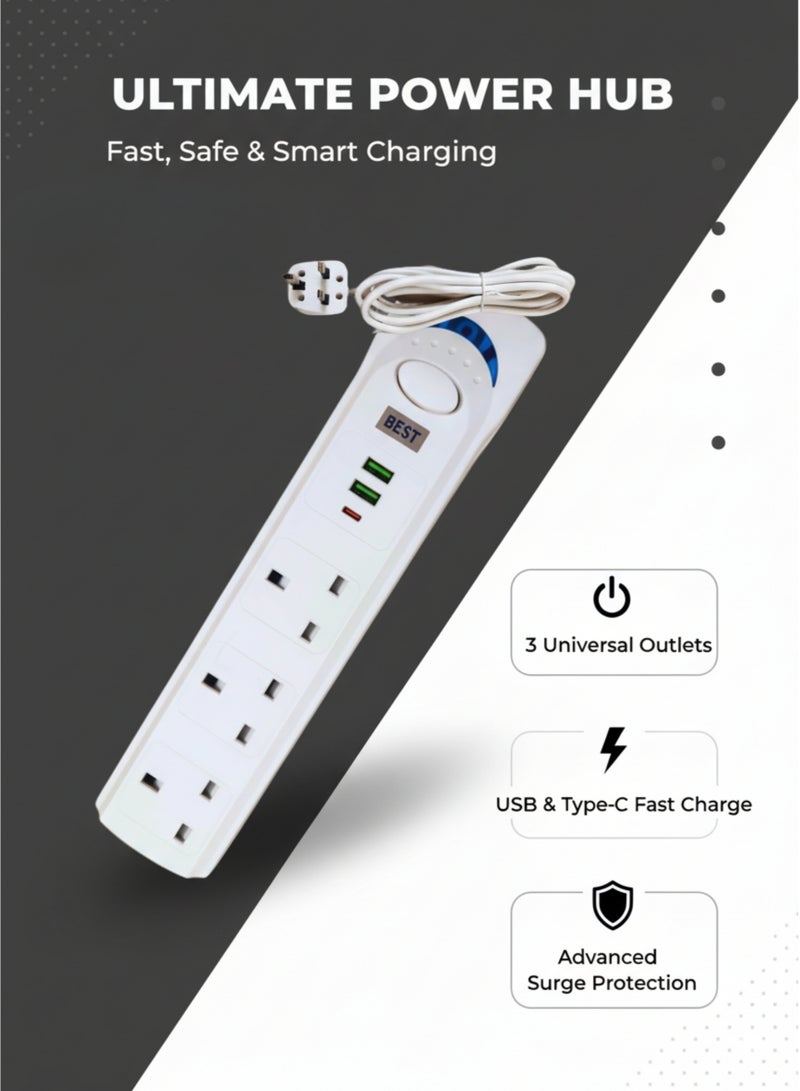 بست سلك تمديد مع حماية من زيادة التيار، 3 منافذ + منافذ شحن USB وType-C، 1700 واط، طول 3 أمتار - أبيض - Image 3