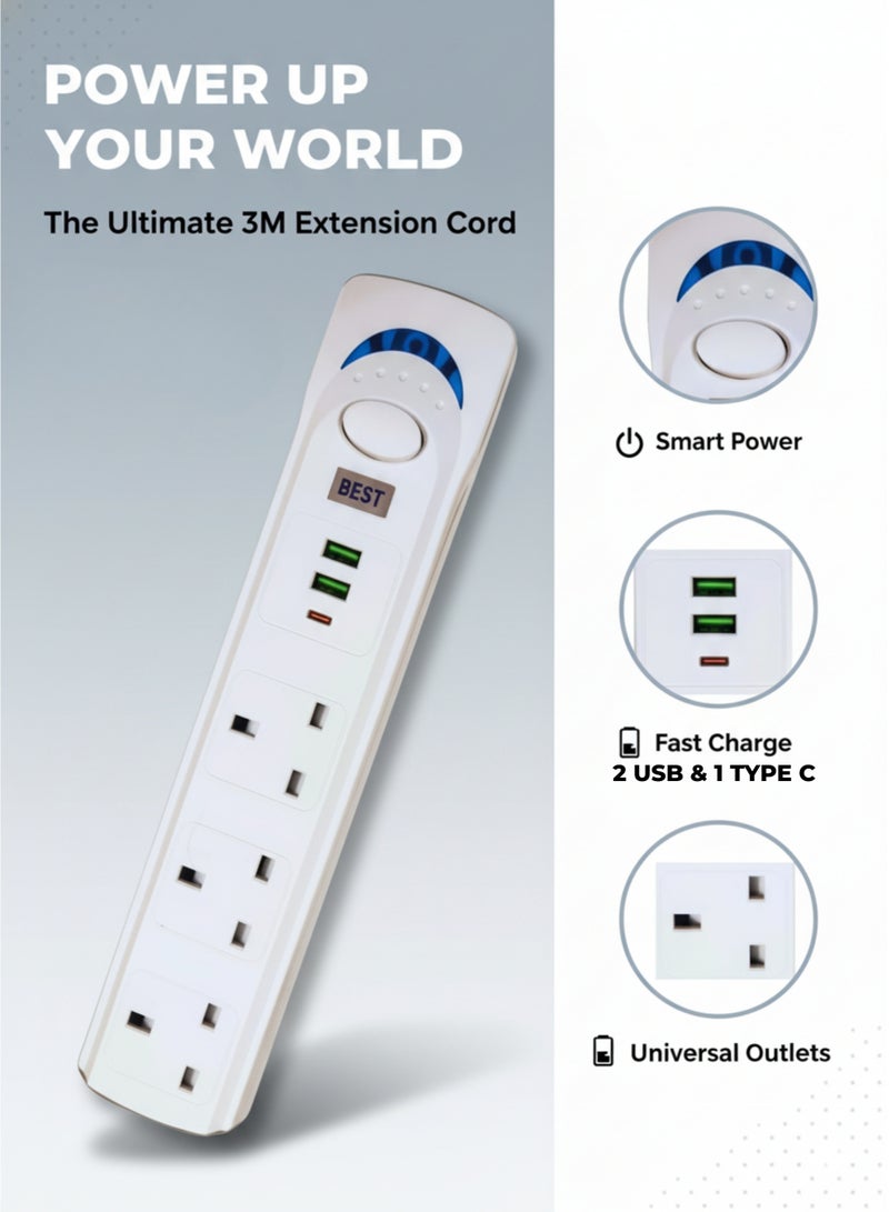 بست سلك تمديد مع حماية من زيادة التيار، 3 منافذ + منافذ شحن USB وType-C، 1700 واط، طول 3 أمتار - أبيض - Image 2