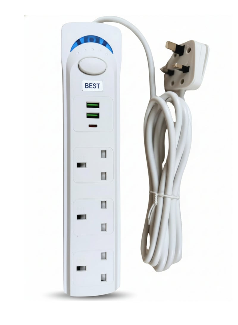 بست سلك تمديد مع حماية من زيادة التيار، 3 منافذ + منافذ شحن USB وType-C، 1700 واط، طول 3 أمتار - أبيض - Image 4