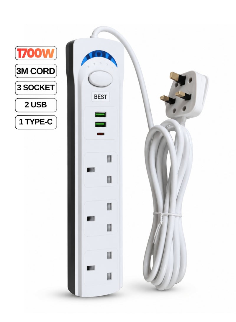 بست سلك تمديد مع حماية من زيادة التيار، 3 منافذ + منافذ شحن USB وType-C، 1700 واط، طول 3 أمتار - أبيض - Image 1